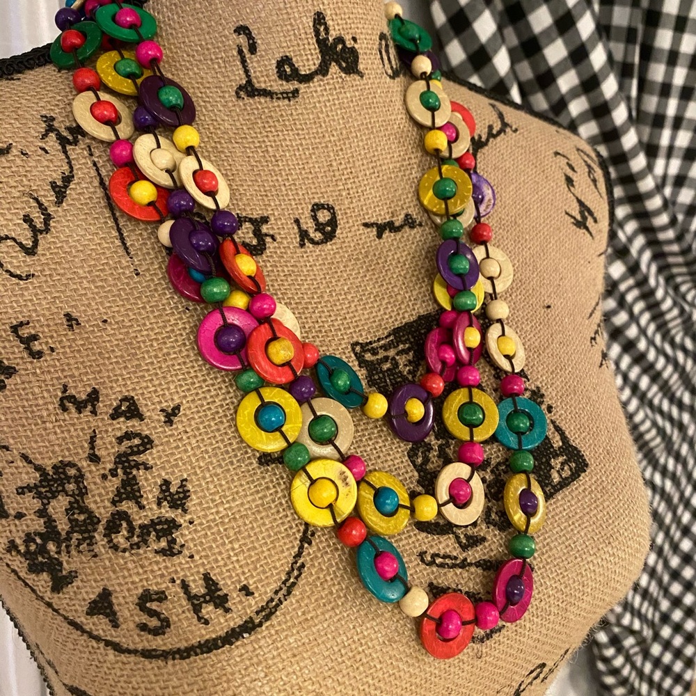 NWT BOHO wooden bead necklace rainbow